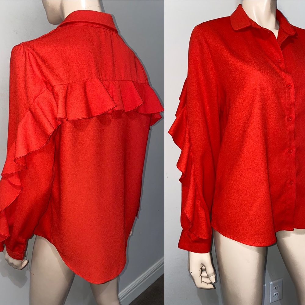 Red Long Sleeve Ruffle Blouse - Picture 5 of 5